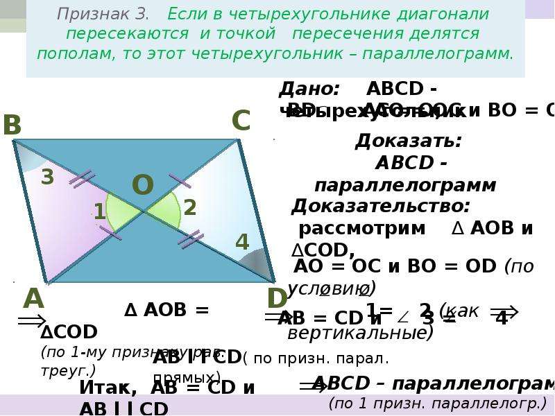 Диагонали пересекаются и точкой пересечения пополам