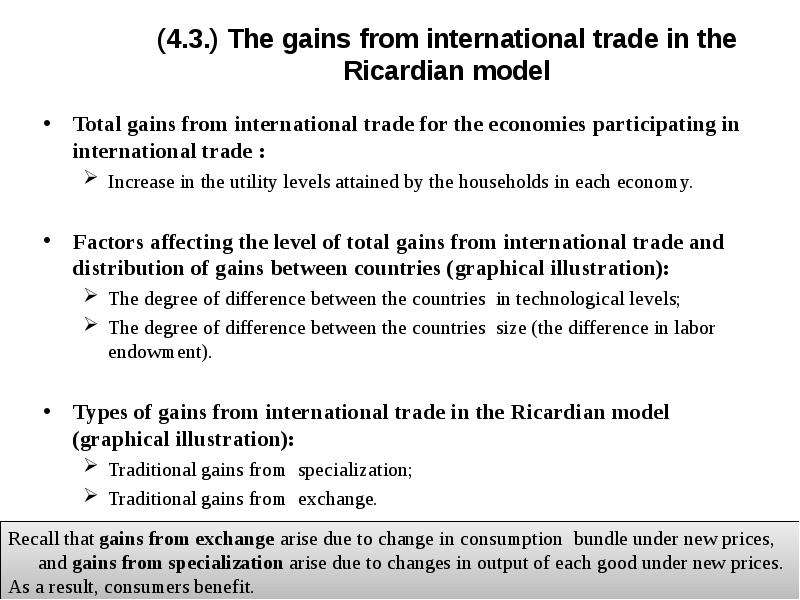 Modern theories. Modern Theories of International trade. Gains from International trade. Classical Theories of International trade. Ricardian model of International trade function.