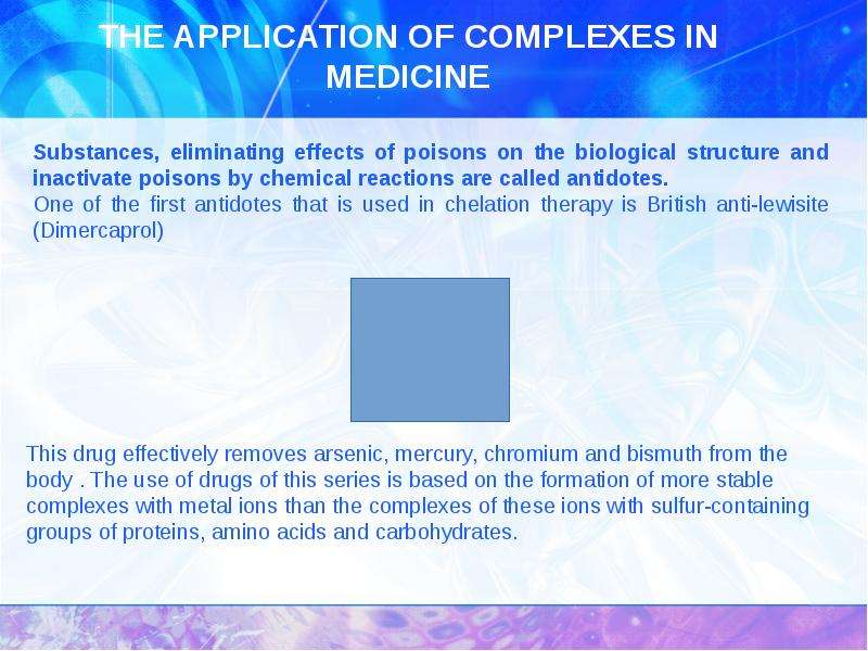 THE APPLICATION OF COMPLEXES IN MEDICINE