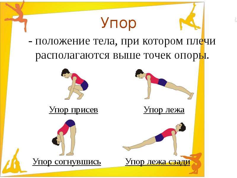 Как называется гимнастические упражнения. 1 Упор присев 2 упор лежа 3 упор присев. Упражнения в упоре лежа. Упор это в физкультуре.