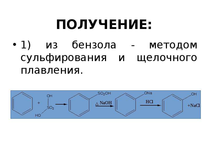 Способы получения бензола. Сульфирование бензола. Реакция щелочного плавления. Щелочное плавление солей бензолсульфокислоты. Бензол и щелочь.