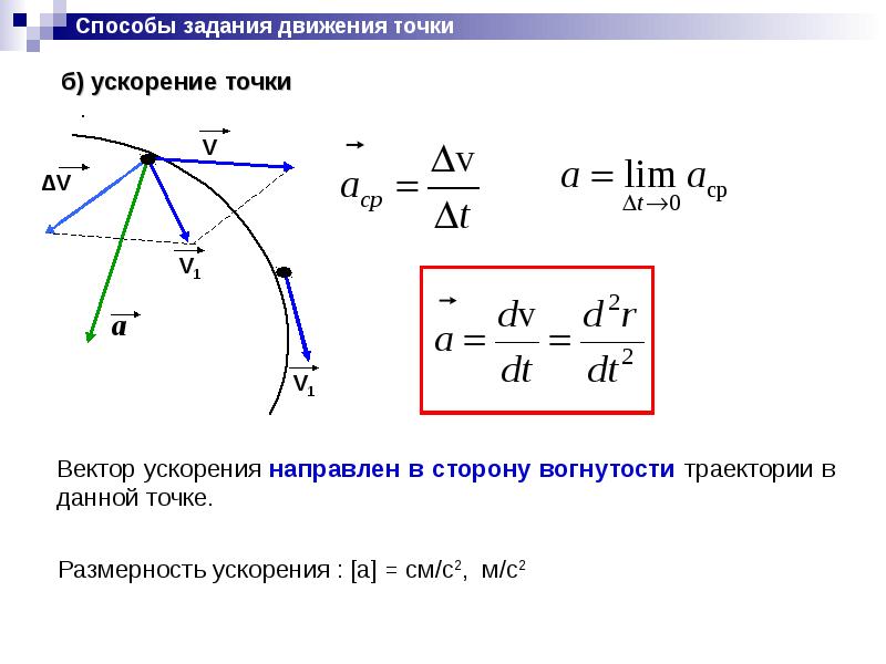 Как направлен вектор скорости. Ускорение точки теоретическая механика. Формула ускорения термех. Вектор ускорения точки. Формула ускорения теоретическая механика.