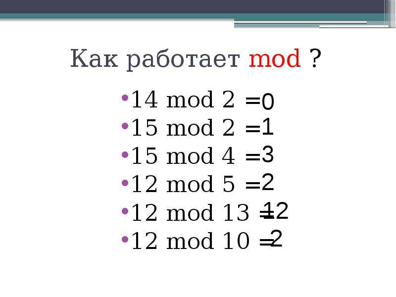 Div 8 mod 3. Mod в информатике. Как работает Mod. Мод в информатике это. Мод и див в Паскале.