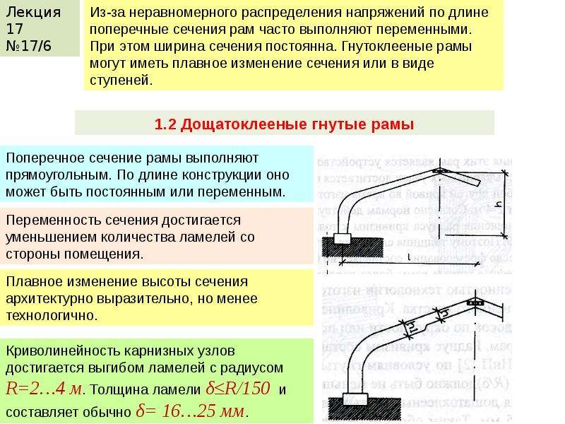 Толщина радиуса. Сечение трехшарнирной рамы. Расчет гнутоклееной трехшарнирной рамы. Распор в трехшарнирной раме. Трехшарнирная рама переменного сечения.