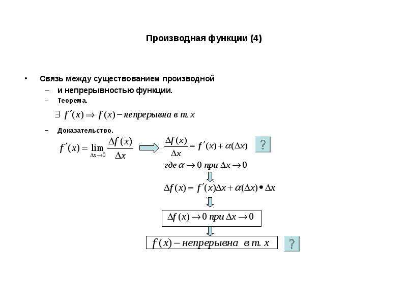 Производные доказательства. Связь производной функции с непрерывностью. Связь между существованием производной и непрерывностью функции. Связь непрерывности с существованием производной. Связь между функцией и производной.