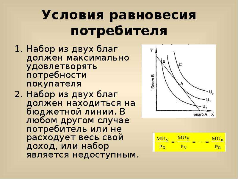 Оптимальный набор потребителя. Условие равновесия потребителя. Равновесие потребителя формула. Условие достижения равновесия потребителя. Условие равновесия потребителя достигается когда.