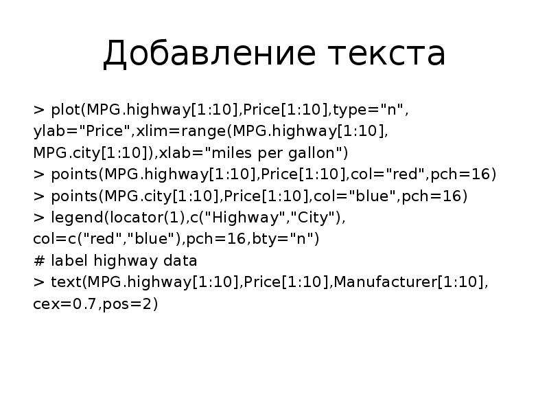 Добавление текста. Плот текст. МПГ система. Miles per Gallon.