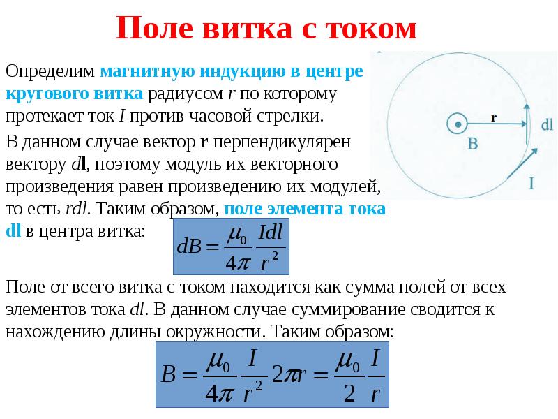 Магнитное поле витка с током. Магнитный момент кругового витка с током. Вектор магнитной индукции в центре кругового витка с током. Магнитную индукцию в центре кругового витка. Магнитная индукция кругового тока.