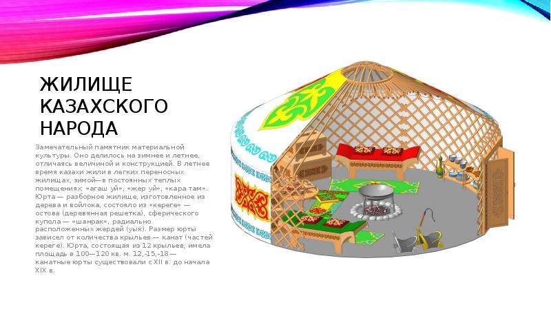 Жилище казахского народа Замечательный памятник матери­альной культуры. Оно делилось на зимнее и лет