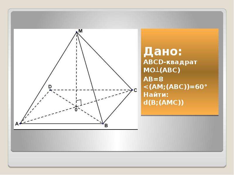 Дано: ABCD-квадрат MO┴(ABC) AB=8 <(AM;(ABC))=60° Найти: d(B;(AMC))