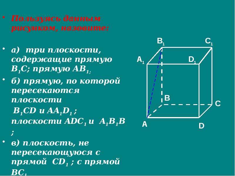 Пользуясь рисунком назовите. Прямую по которой пересекаются плоскости b1cd и aa1d1. Три плоскости содержащие прямую ав1. Пользуясь данным рисунком назовите три плоскости. Назовите прямые по которым пересекаются плоскости.