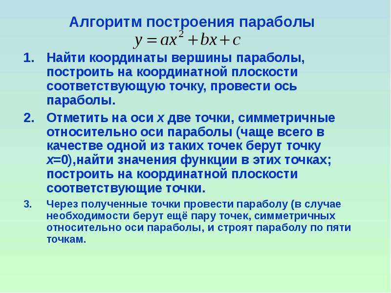 Текст параболы мот. Алгоритм построения параболы. Алгоритм построения порабо. Алгоритм осторонеи параболы. Алгоритм построения функции параболы.