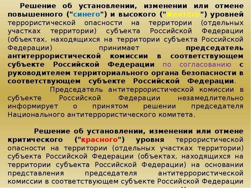 Отдельные территории. Технических средств противодействия терроризму. Территория субъекта. Решение об установлении, изменении или отмены повышенного уровня. Уровень угрозы на территории РФ.