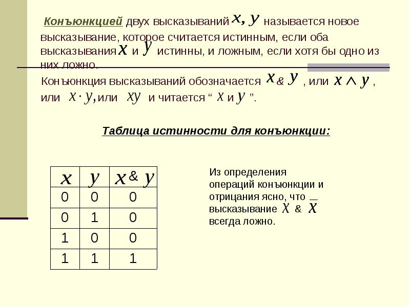 Конъюнкция высказываний. Конъюнкция двух высказываний. Конъюнкция примеры высказываний. Свойства конъюнкции высказываний.