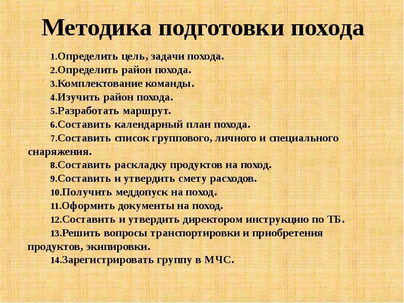 План подготовки к недельному туристическому походу по знакомой местности и незнакомой