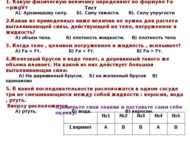 Действие жидкости и газа на погруженное в них тело 7 класс конспект и презентация