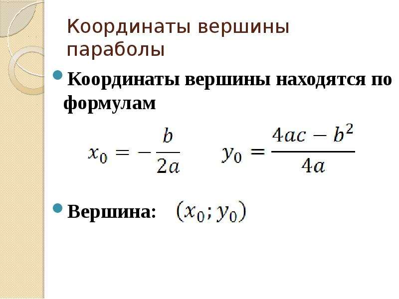 Y вершины параболы. Формула нахождения вершины параболы.