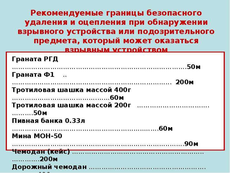 Какова рекомендуемая. Рекомендуемые зоны оцепления при обнаружении взрывного устройства. Эвакуация оцепления при обнаружении взрывного устройства. Расстояние оцепления при обнаружении взрывного устройства. Рекомендуемые зоны эвакуации и оцепления при обнаружении гранаты ф-1.