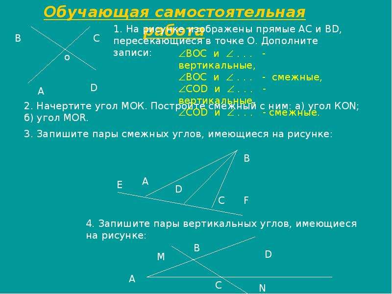 Смежные и вертикальные углы свойства и рисунок