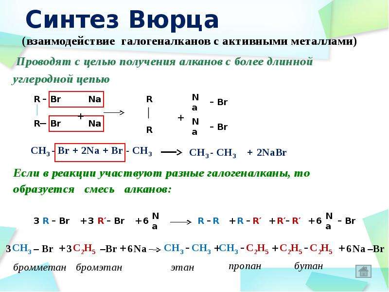 Бутан вюрца. Взаимодействие галогеналканов с активными металлами. Реакция Вюрца алканы. Получение галогеналканов.