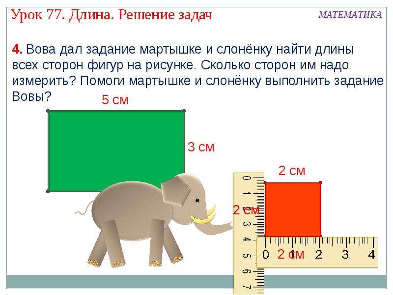 Длина решение задач. Длина урок. Длина мартышки и слоненка. Таблица длин сторон фигур. Решение задач обезьяной.