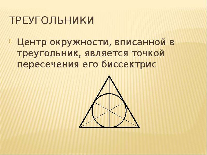 Центр треугольника. Центр вписанной окружности треугольника. Биссектриса и центр вписанной окружности. Центр вписанной около треугольника окружности. Центр вписанной окружности лежит в точке пересечения.