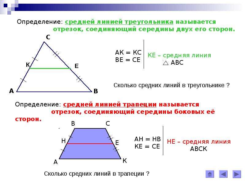 Средняя линия треугольника. Средняя линия треугольника равна полуразности оснований. Средняя линия треугольника и трапеции. Средняя линия треугольника формула 8 класс. Площадь треугольника через среднюю линию.