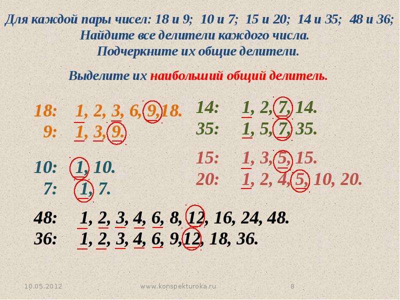 Наибольший делитель числа. Найдите все Общие делители чисел. Общие делители чисел 18 и 48. Найдите все делители числа 36. Наибольший общий делитель чисел 7 и 14.