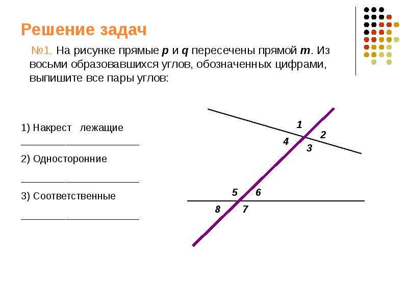 Прямая m. Выпишите все накрест лежащие углы. Выпишите пары углов. Выпишите пары накрест лежащих углов. Выпишите все пары односторонних углов.