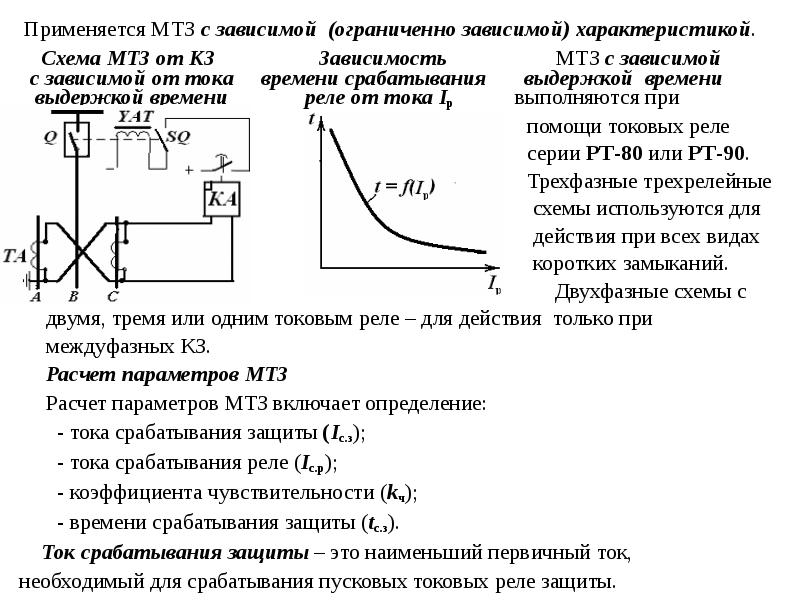 Характеристики используются. Схема максимальной токовой защиты с независимой характеристикой. МТЗ С зависимой характеристикой времени срабатывания. МТЗ С ограниченно-зависимой от тока выдержкой времени. Схема МТЗ С зависимой выдержкой времени.