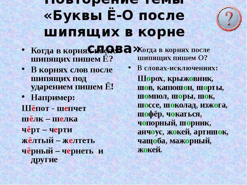 Написание гласных в корне после шипящих. Буквы е ё после шипящих в корне слова. Буквы и у а после шипящих исключения. ,ERDF J gjckt ibgzob[ d rjhyt. Буквы о, ё после шипящих в корнях слов.