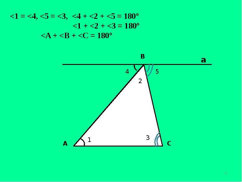 Признаки параллельности двух прямых, определение смежного угла, сумма углов треугольника, слайд 7