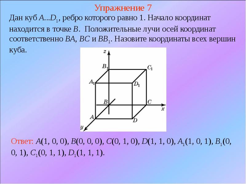 Дано куб. Решение задач на координаты точки в пространстве. Найдите координаты всех вершин Куба с ребром 1. Координаты в пространстве задачи с решениями. Прямоугольная система координат в пространстве задачи и решения.