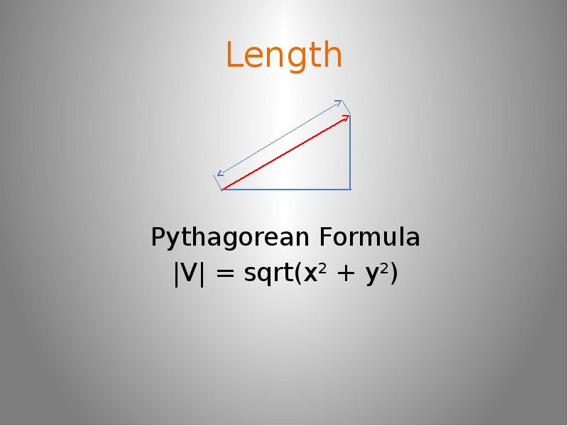 Length Pythagorean Formula |V| = sqrt(x2 + y2)