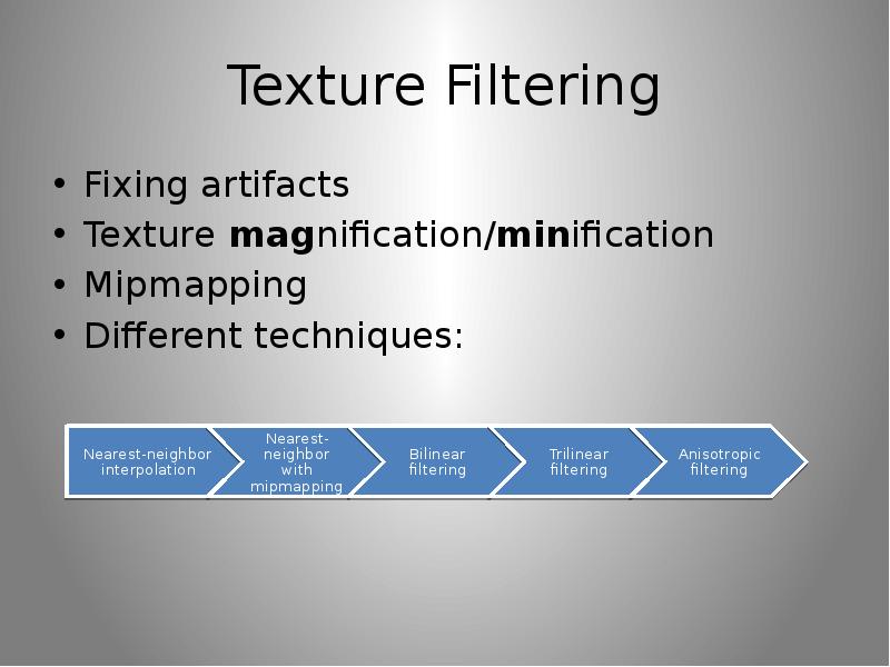 Texture Filtering Fixing artifacts Texture magnification/minification Mipmapping Different technique