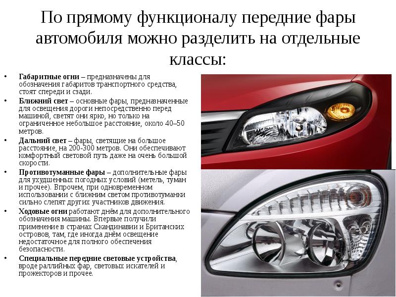 Световые приборы автомобиля в картинках спереди и сзади с описанием