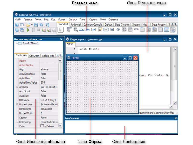 Что входит в главное окно проекта lazarus