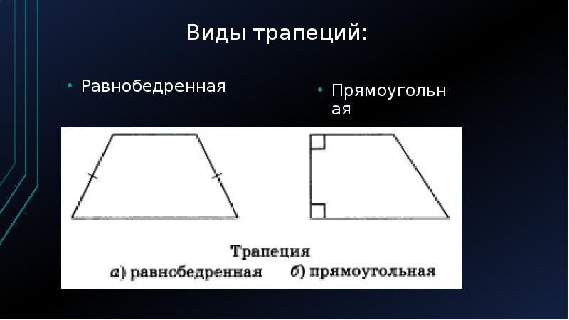 Трапеция виды. Виды трапеций. Равнобедренная и прямоугольная трапеция. Прямоугольник трапеция. Виды прямоугольной трапеции.