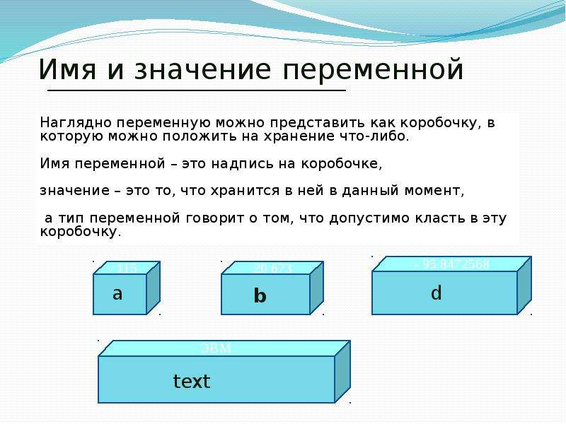 Имя коробочки. Коробочка значение имени. Имя переменной. Наглядное Наименование переменных. Что значит коробка 10х10х20.