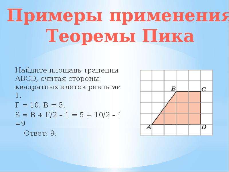 Найдите площадь трапеции изображенной на рисунке стороны квадратных клеток равны 1