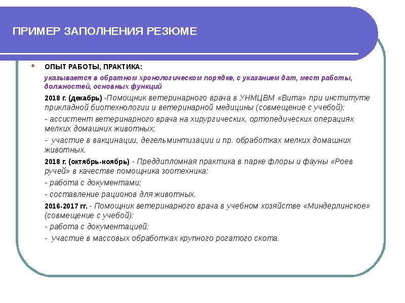 Образец резюме ветеринарного врача на работу образец