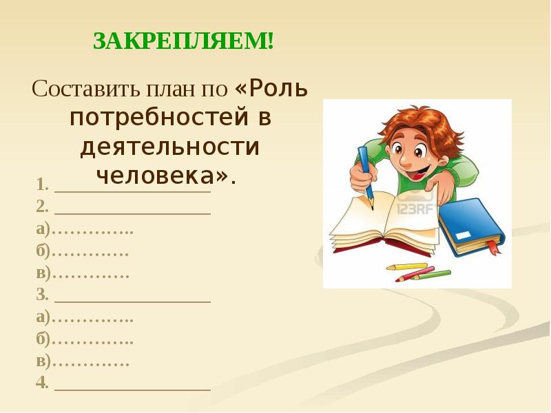 Роль потребностей в жизни человека сложный план