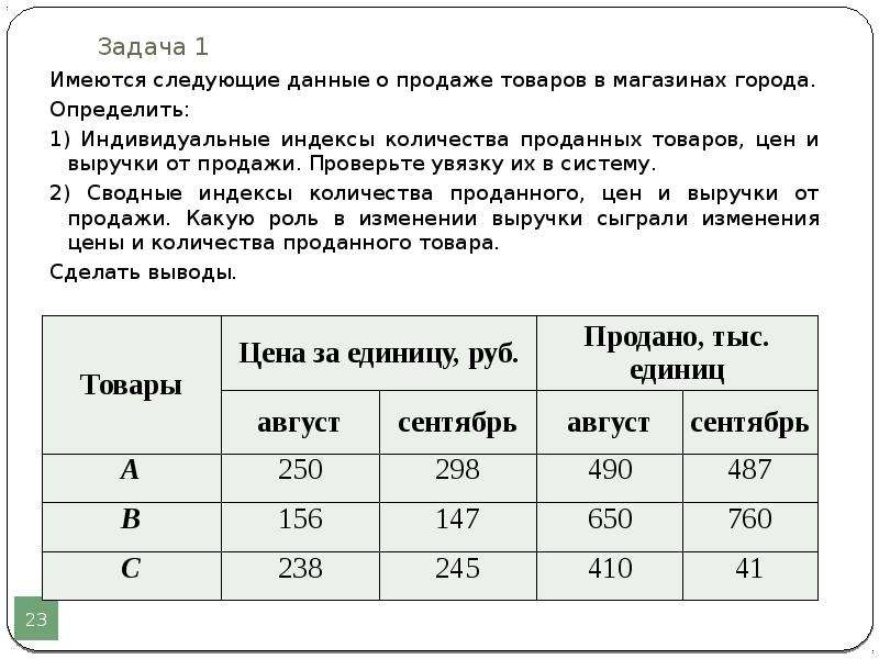 Задача продали. Имеются следующие данные о реализации товаров:. Имеются следующие данные о реализации продуктов в магазине. Имеются следующие данные о продаже товаров в магазине. Имеются следующие данные о продаже товаров в магазинах города:.