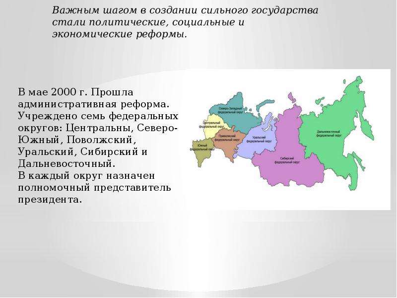 Вызовы россии в 21 веке презентация. Административная реформа семь федеральных округов. . В мае 2000 г. было учреждено семь федеральных округов.
