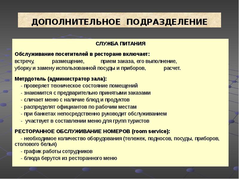 Характеристика деятельности на службе. Стандарты службы питания. Стандарты качества обслуживания гостей в гостинице. Структура службы питания в гостинице.