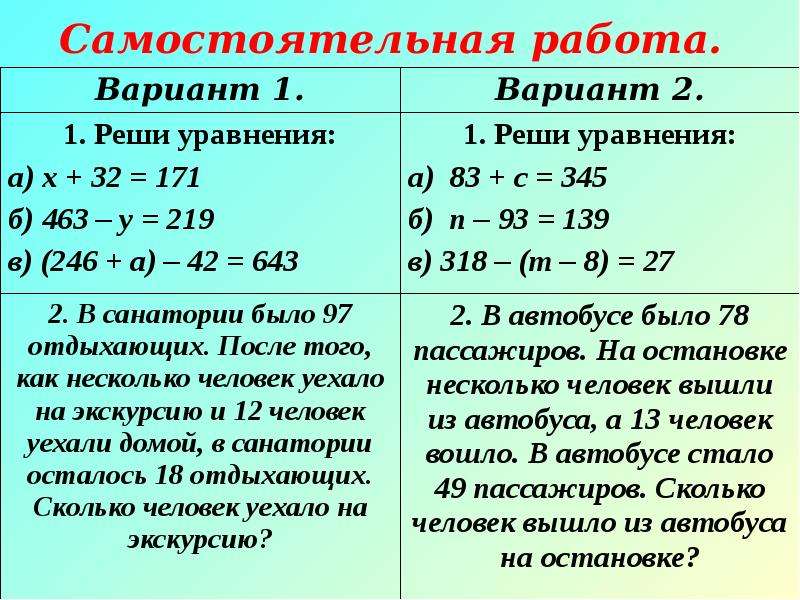 Вариант 6 решите уравнения. Уравнения самостоятельная работа. Как решать уравнения. Решение тестового уравнения. Самостоятельная работа вариант 2 уравнение.