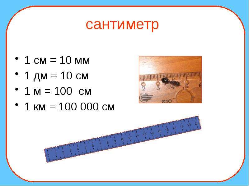 Единицы длины, слайд № 6. сантиметр 1 см = 10 мм 1 дм = 10 см 1 м = 100 .....