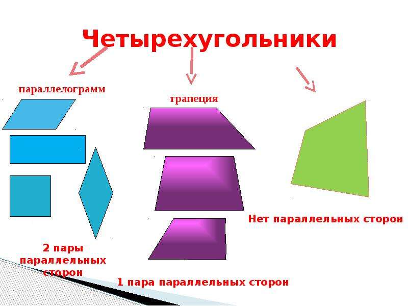 Параллелограммы делятся. Виды четырехугольников. Виды параллелограмма. Параллелограмм это четырехугольник. Параллельные стороны четырехугольника.