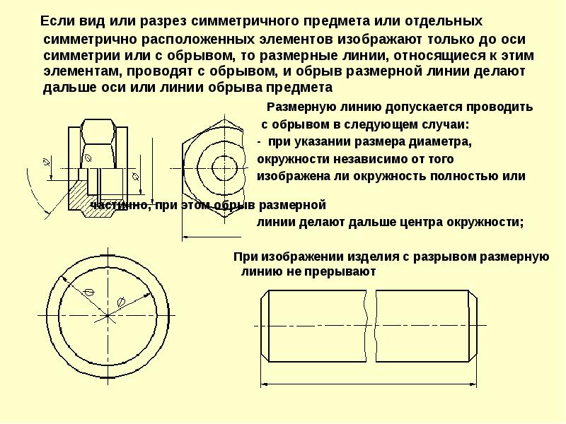 Размерные линии на чертеже проводят. Разрыв вида на чертеже. Разрез чимметиично предепета. Размерную линию проводят с обрывом. Линия оси симметрии на чертеже.