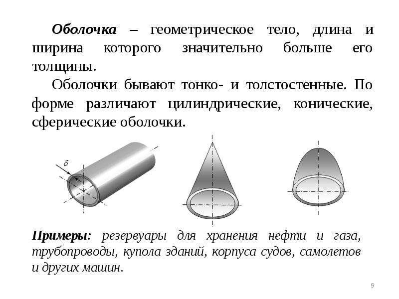 Толщину оболочки. Сферическая оболочка. Цилиндрическая оболочка. Коническая оболочка. Толстостенные цилиндрические оболочки.